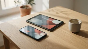 Ουδέτερο smartphone και tablet σε ξύλινο γραφείο δίπλα σε κεραμικό αντικείμενο με φυσικό φως
